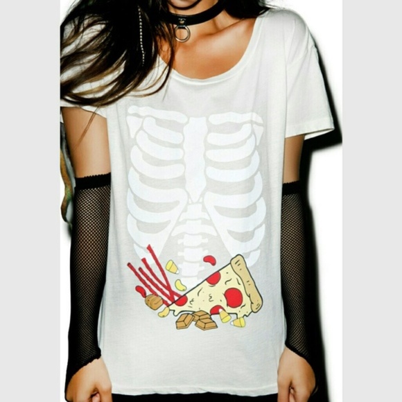 NWT Wildfox Pizza Full Stomach Skeleton Graphic T Shirt tee short sleeve Beige S - Picture 1 of 7